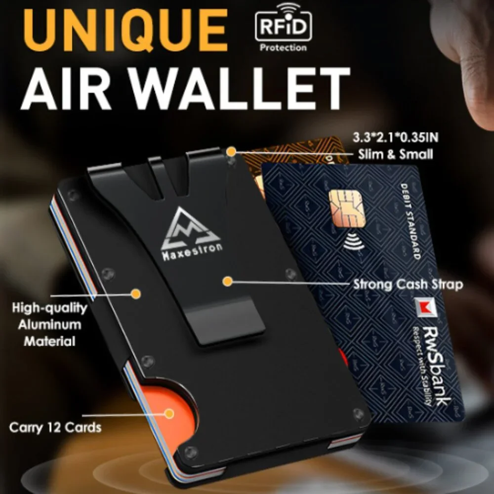 Smart Air Wallet Tracker Credit Card Holder Slim Metal Money Clip RFID Blocker